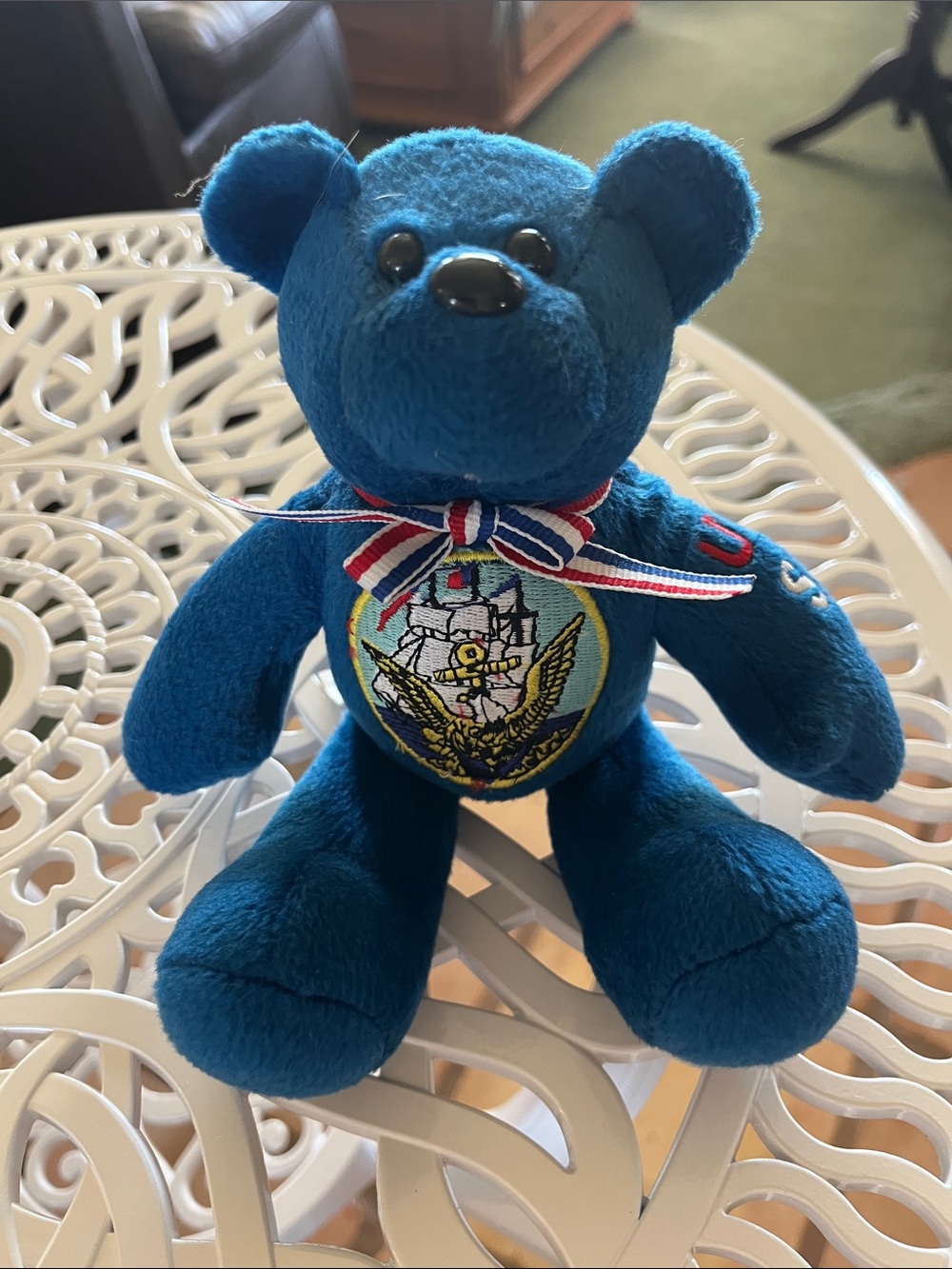 US Navy collectible Blue Embroidered Plush Bear with Ribbon